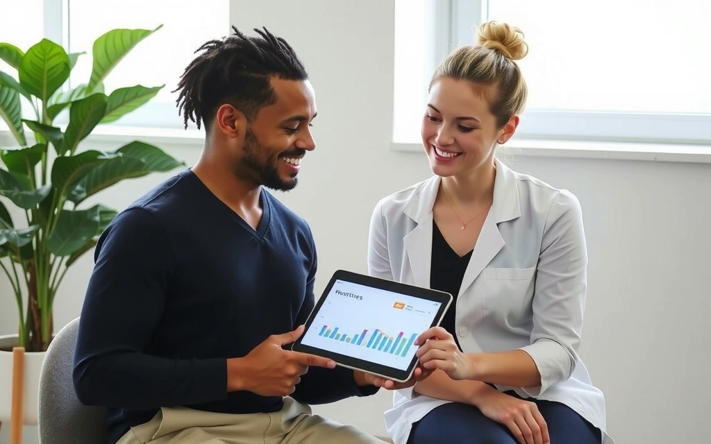 Eine vertrauensvolle Interaktion zwischen einer Ernährungsberaterin und einem Klienten, die gemeinsam Fortschritte auf einem Tablet ansehen.